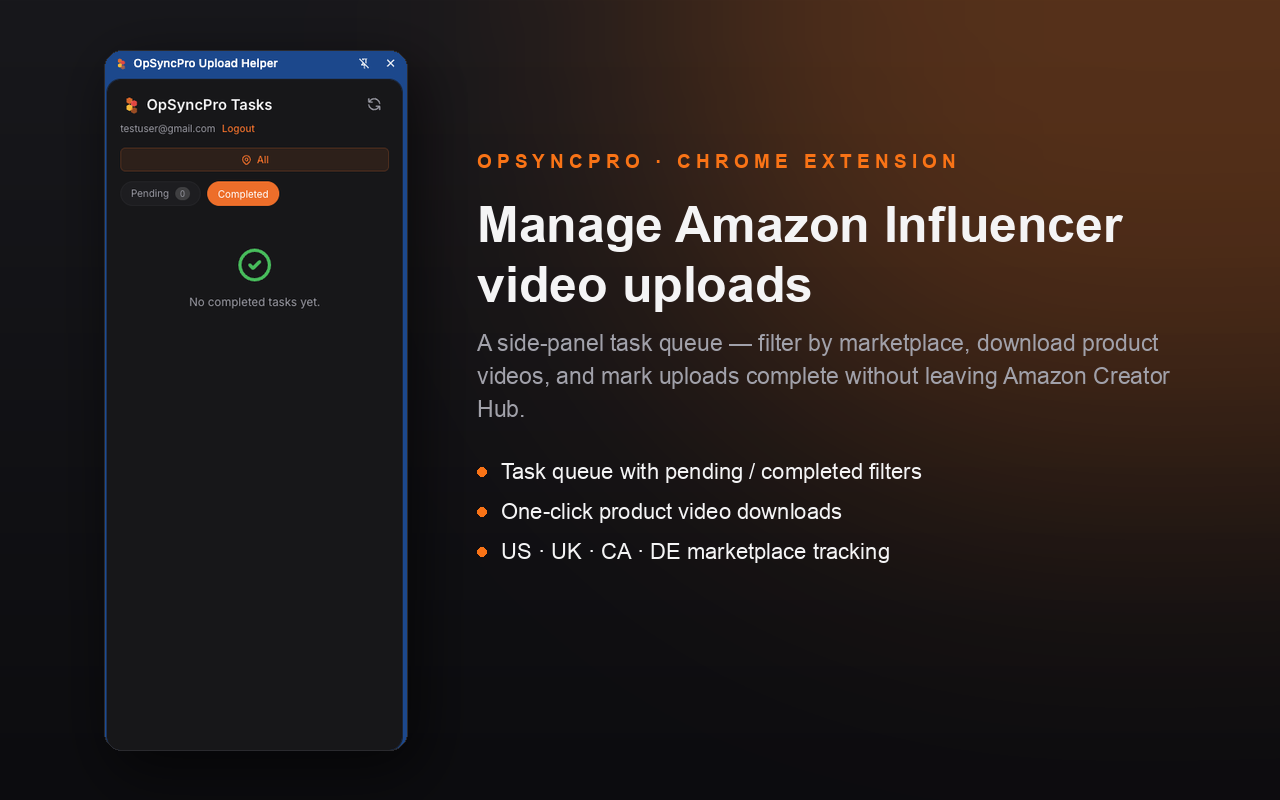 The OpSyncPro Chrome extension side panel for managing Amazon video uploads