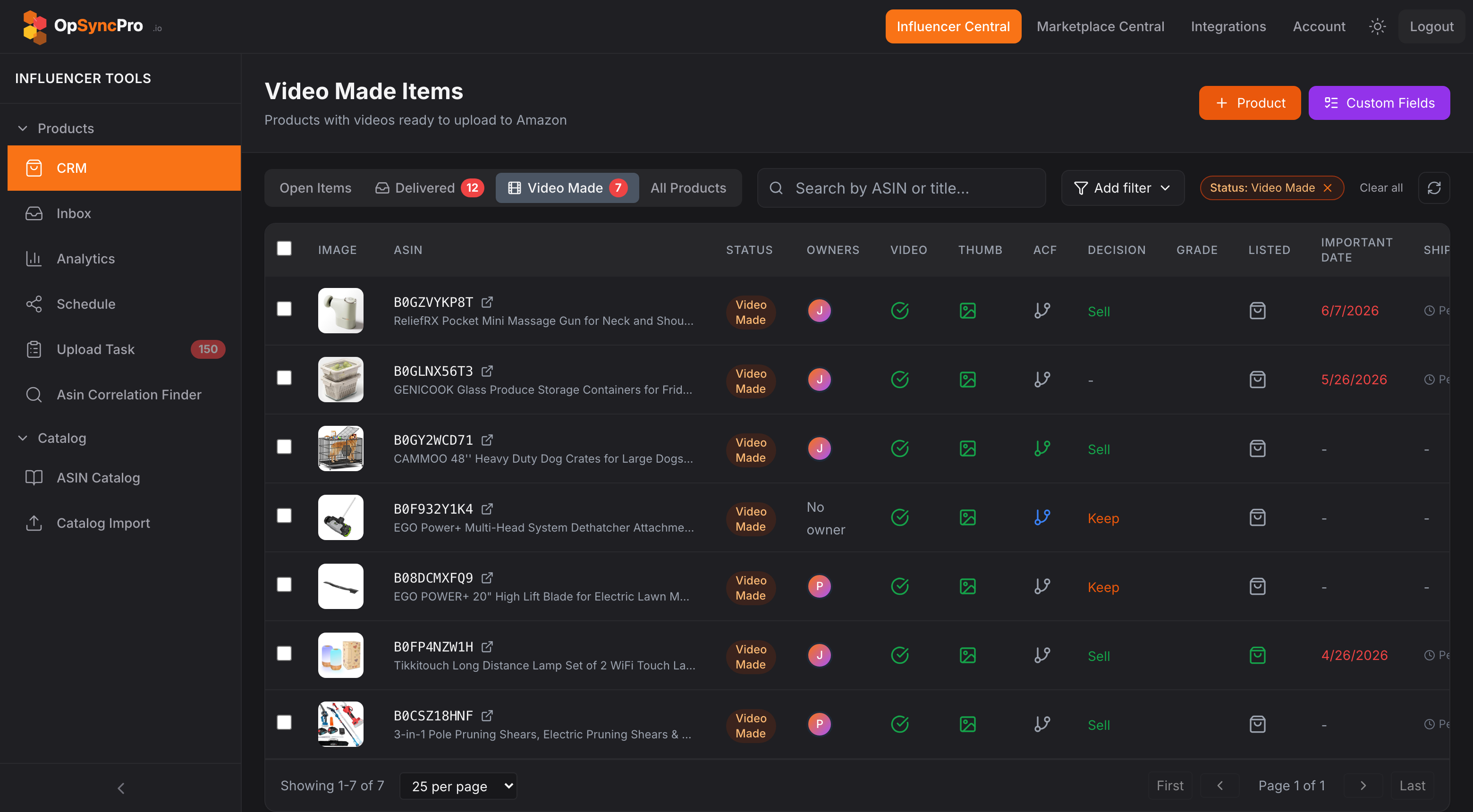 The OpSyncPro web app showing the Product CRM